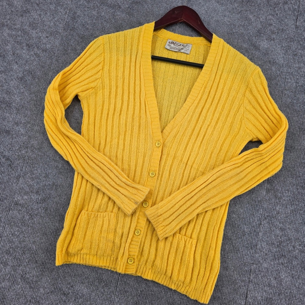 Vintage Jaeger London Yellow Ribbed Knit V-Neck Cardigan Sweater Made in GB 36